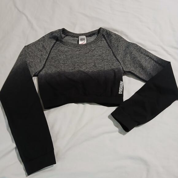Gymshark Medium Long-Sleeved Crop-Top Heavyweight Black/Grey Gym Shirt Crew Neck - Picture 1 of 9